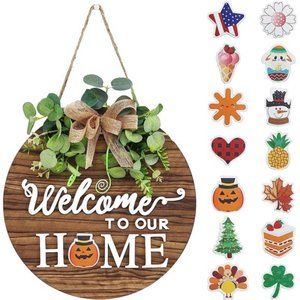 Interchangeable Seasonal Welcome Sign Front Door Decoration Round Wood Wreaths